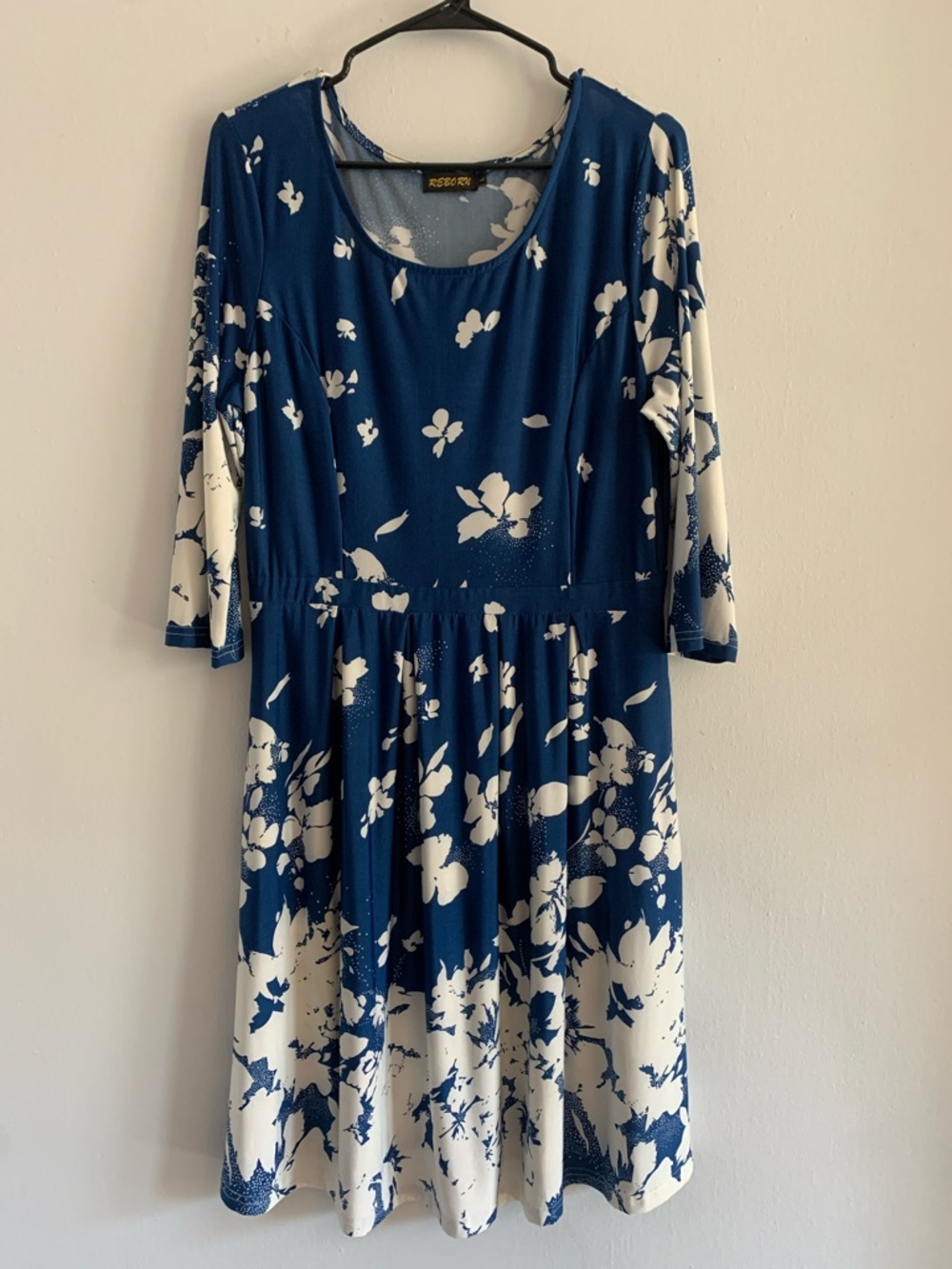 REBORN Blue and White Floral Long Sleeve Midi Dress